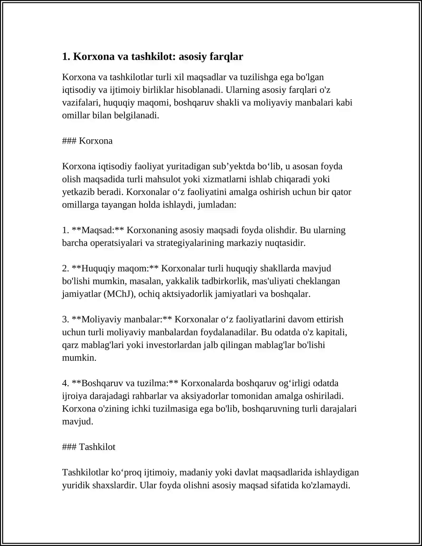 KORXONA VA TASHKILOT O'RTASIDAGI FARQ. IJTIMOIY INFRATUZILMA 4