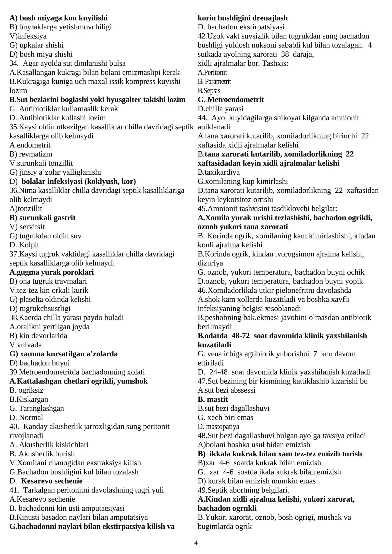 AKUSHERLIK VA GINEKOLOGIYA MAGISTRATURA KIRISH TESTLARI 2026 YIL 4