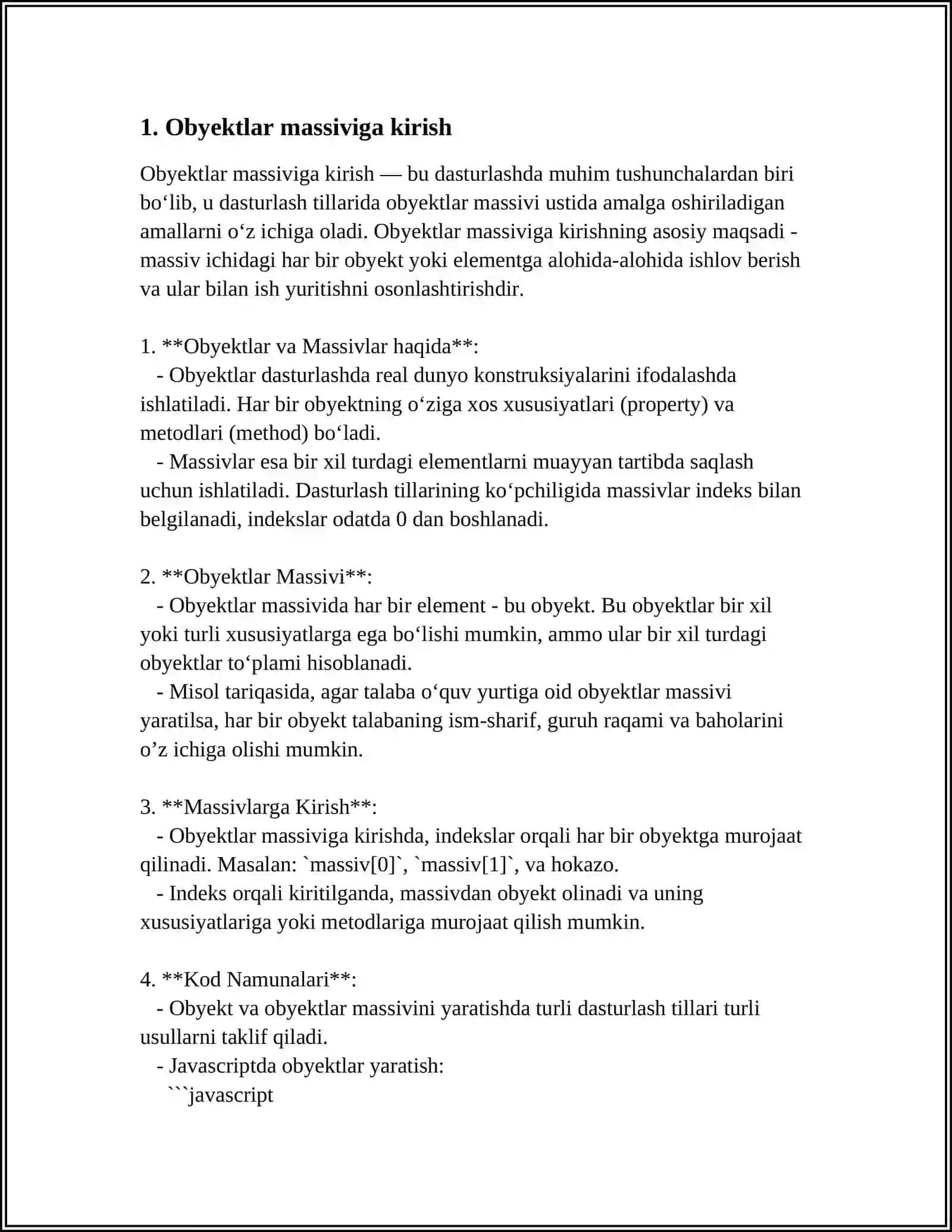 OBYEKTLAR MASSIVI. SINFLAR ORASIDAGI MUNOSABATLAR. SINF METODLARI 4