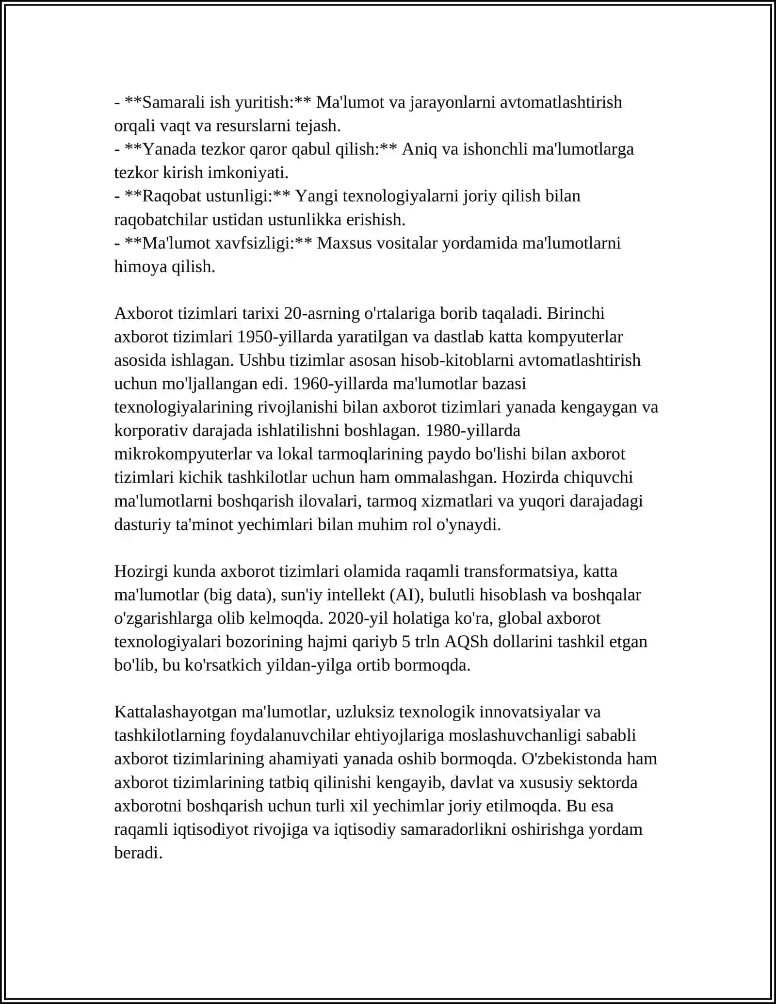 MUSTAQIL ISH Mavzu: AXBOROT TIZIMLARI HAQIDA TUSHUNCHA 4