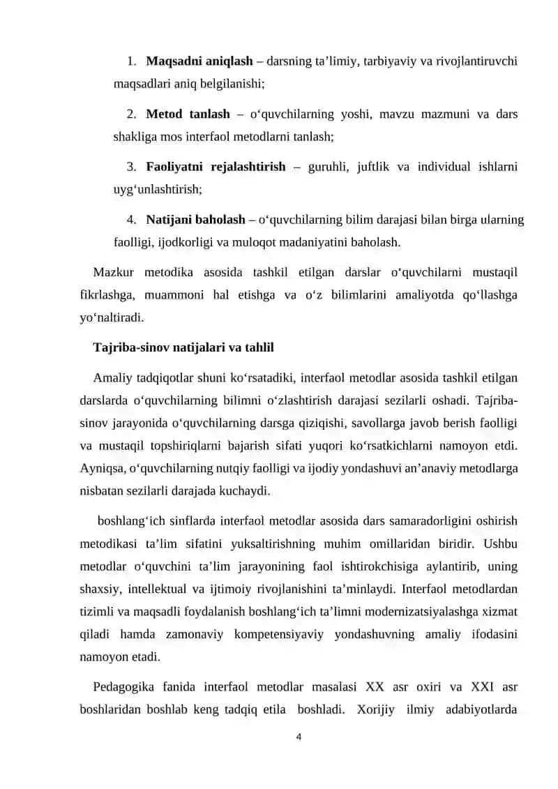 "Boshlang‘ich sinflarda interfaol metodlar asosida dars samaradorligni oshrish metodikasi" 4
