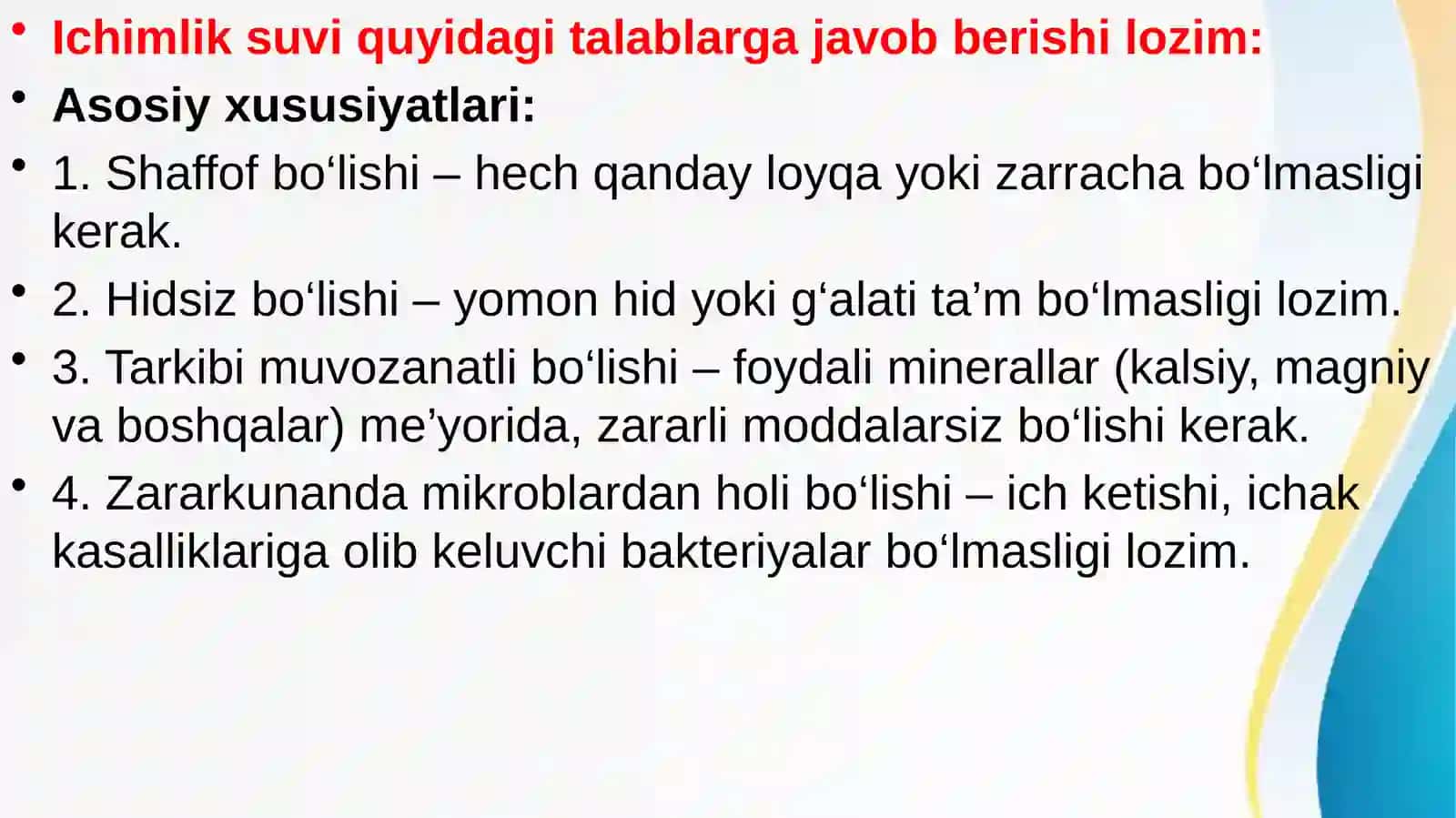 Ichimlik suvi sifatini yaxshilashning asosiy usullari 4