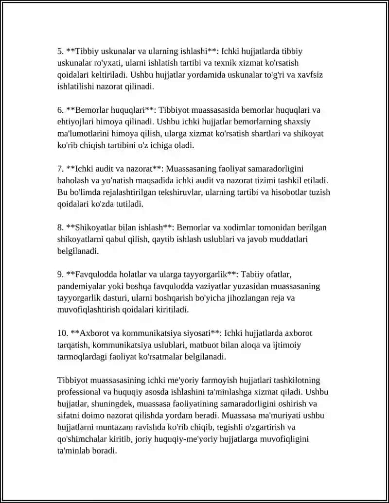Tibbiyot Muassasasida Ichki Me'yoriy Farmoyish Hujjatlari 4