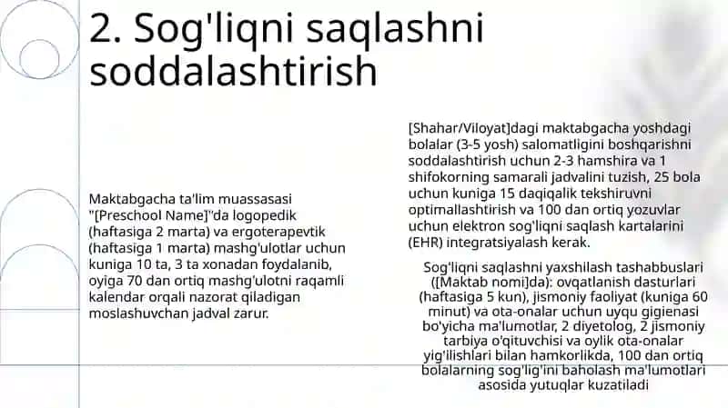 Maxsus maktabgacha ta'lim muassasasida davolash - sog' lomlashtirish jarayonini tashkil etish 4