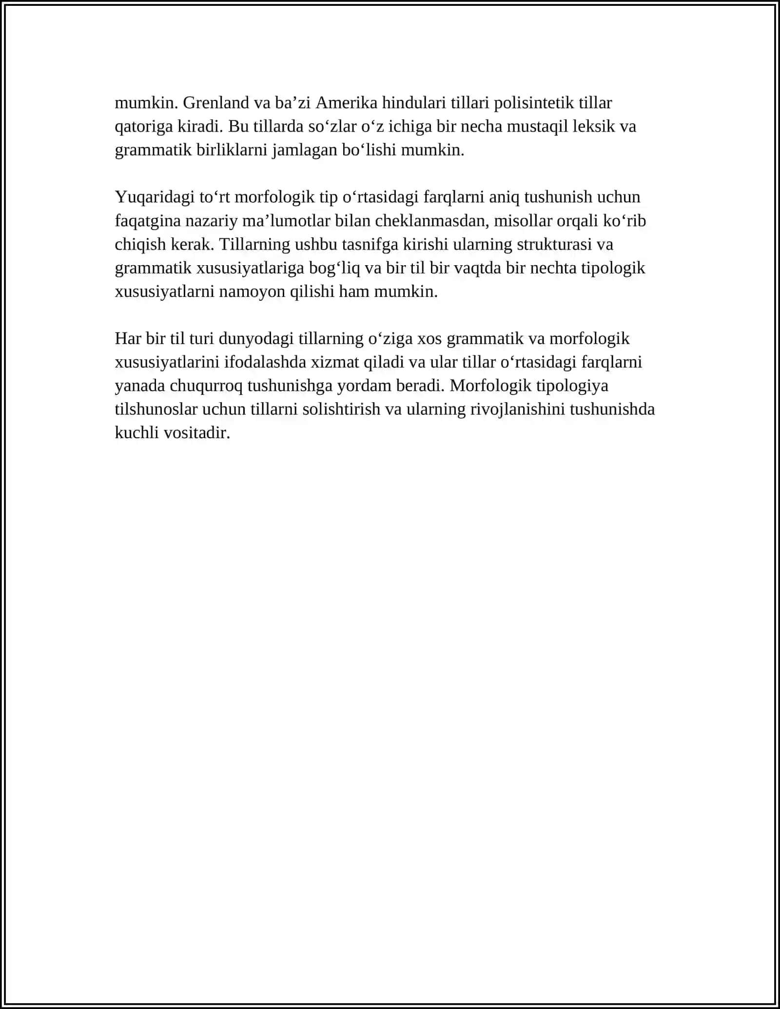Morfologik tipologiya: izolyatsion, aglutinativ, fusional va polisintetik tillar 4