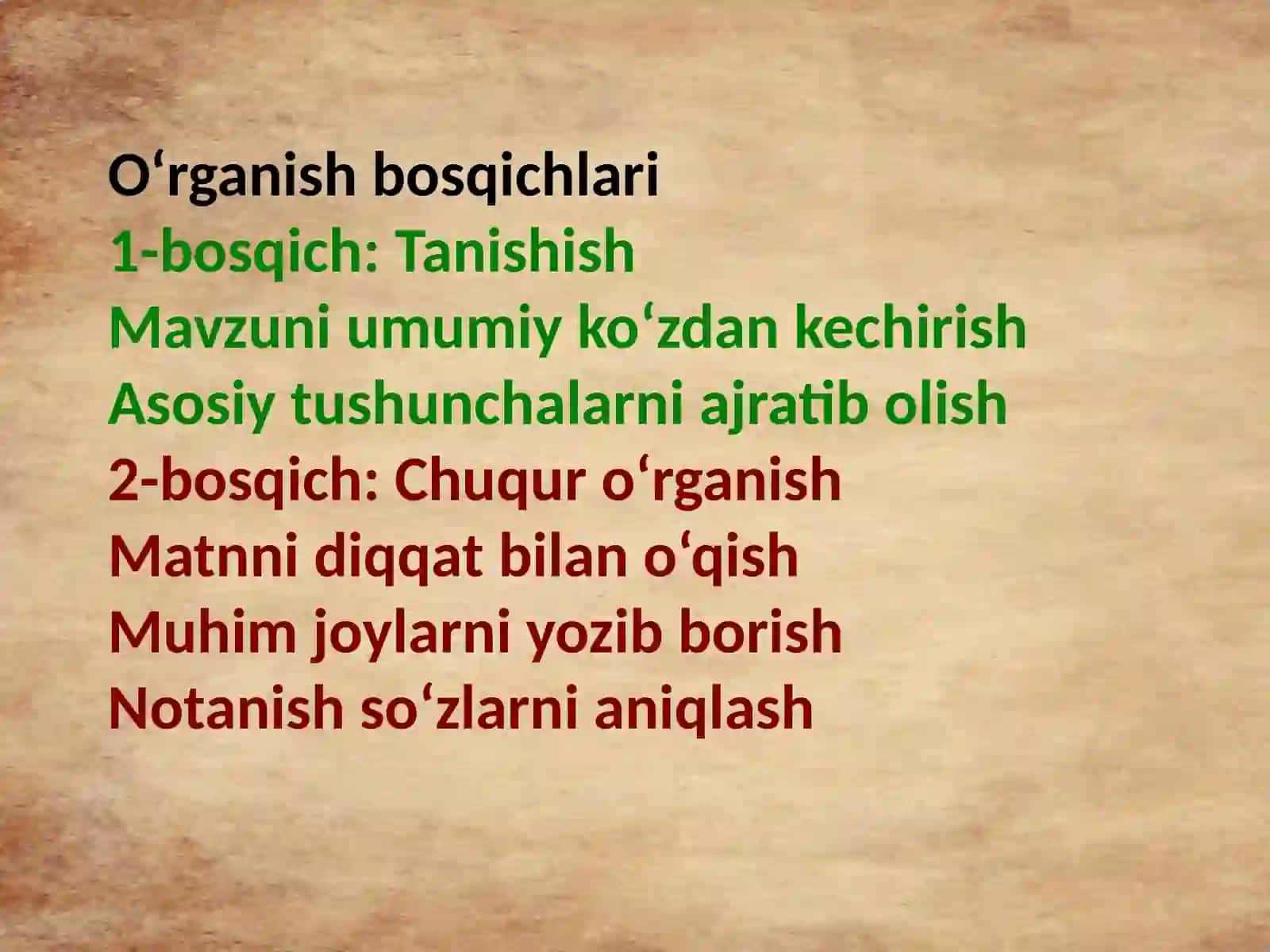 Mustaqil ravishida mavzuga oid darslik, o‘quv va metodik qo‘llanmalarni o‘rganish va tahlil qilish. 4
