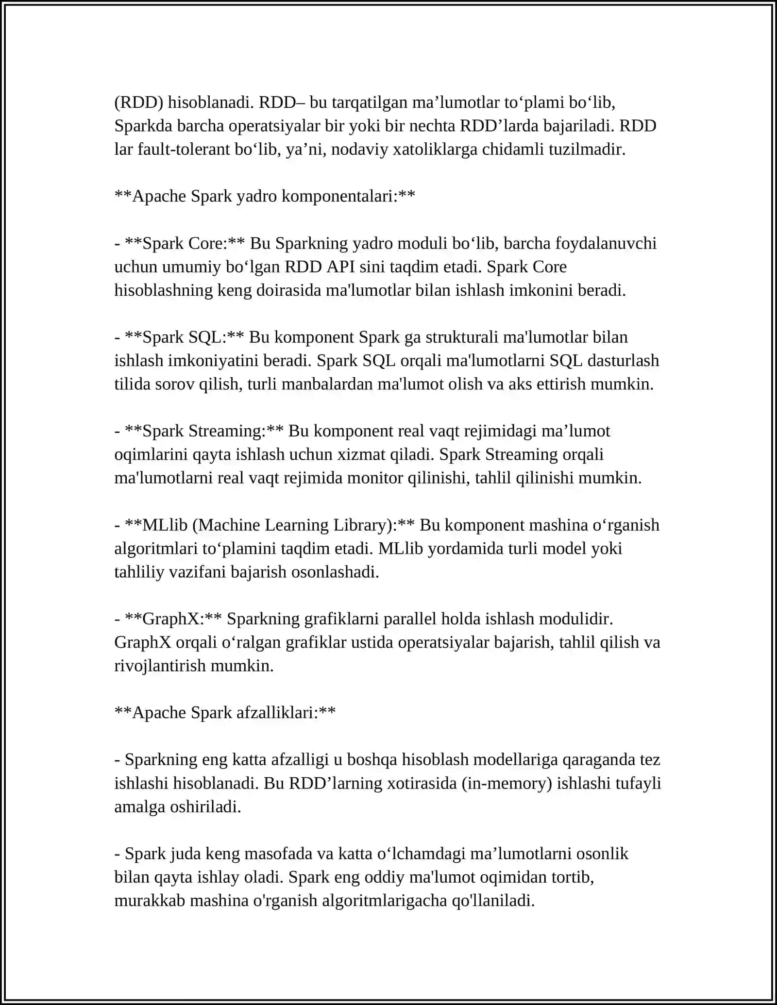 APACHE SPARK KEYINGI AVLOD BIG DATA FRAMEWORK MAVZUSIDA MUSTAQIL ISH 4