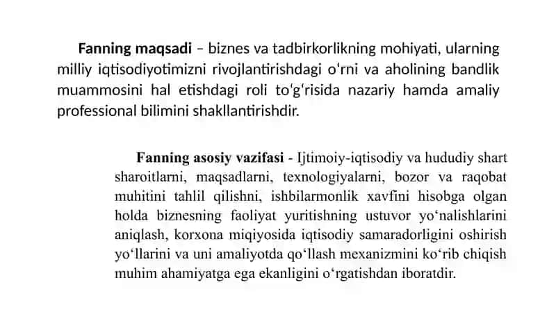 Tadbirkorlik asoslari fanining mohiyati va mazmuni. Taqdimot 4