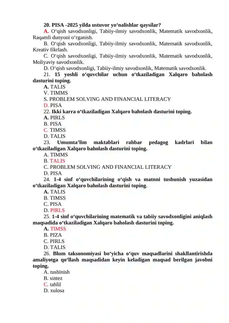 "BOSHLANG‘ICH TA’LIMNING XALQARO DASTURLARI” FANIDAN 4-KURS BOSHLANG’ICH TA’LIM (SIRTQI) YO‘NALISHI TALABALARI UCHUN YAKUNIY NAZORAT SAVOLLARI 4