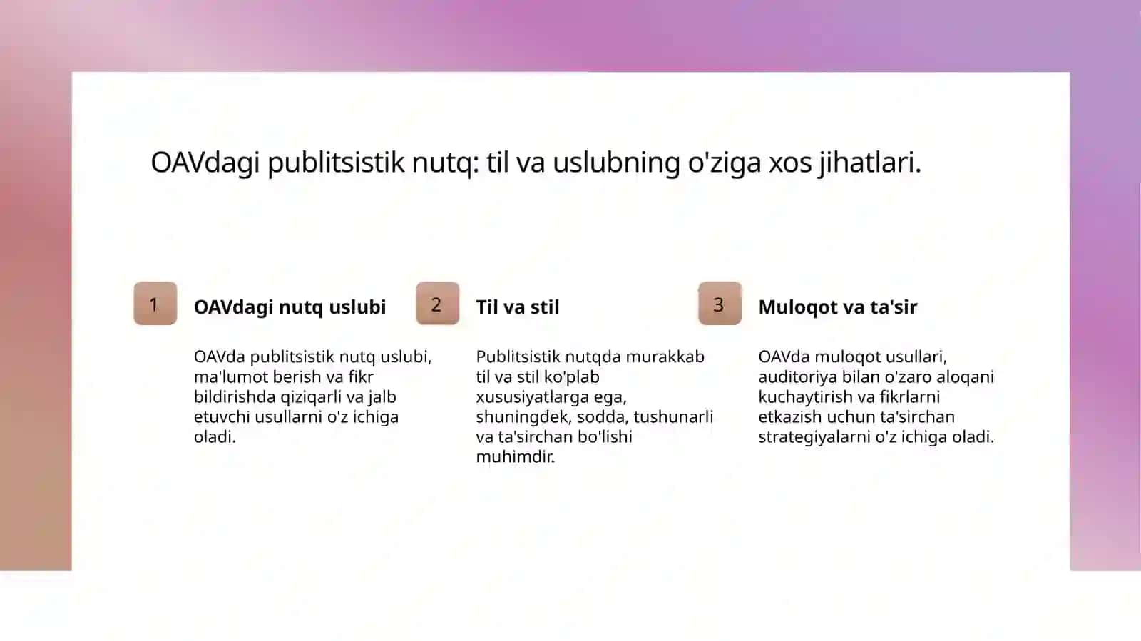 Publitsistik nutq uslubi. Publitsistik maqolalar bilan tanishish va tahlil qilish. Men tanlagan soha va OAV mavzusida esse yozish 4