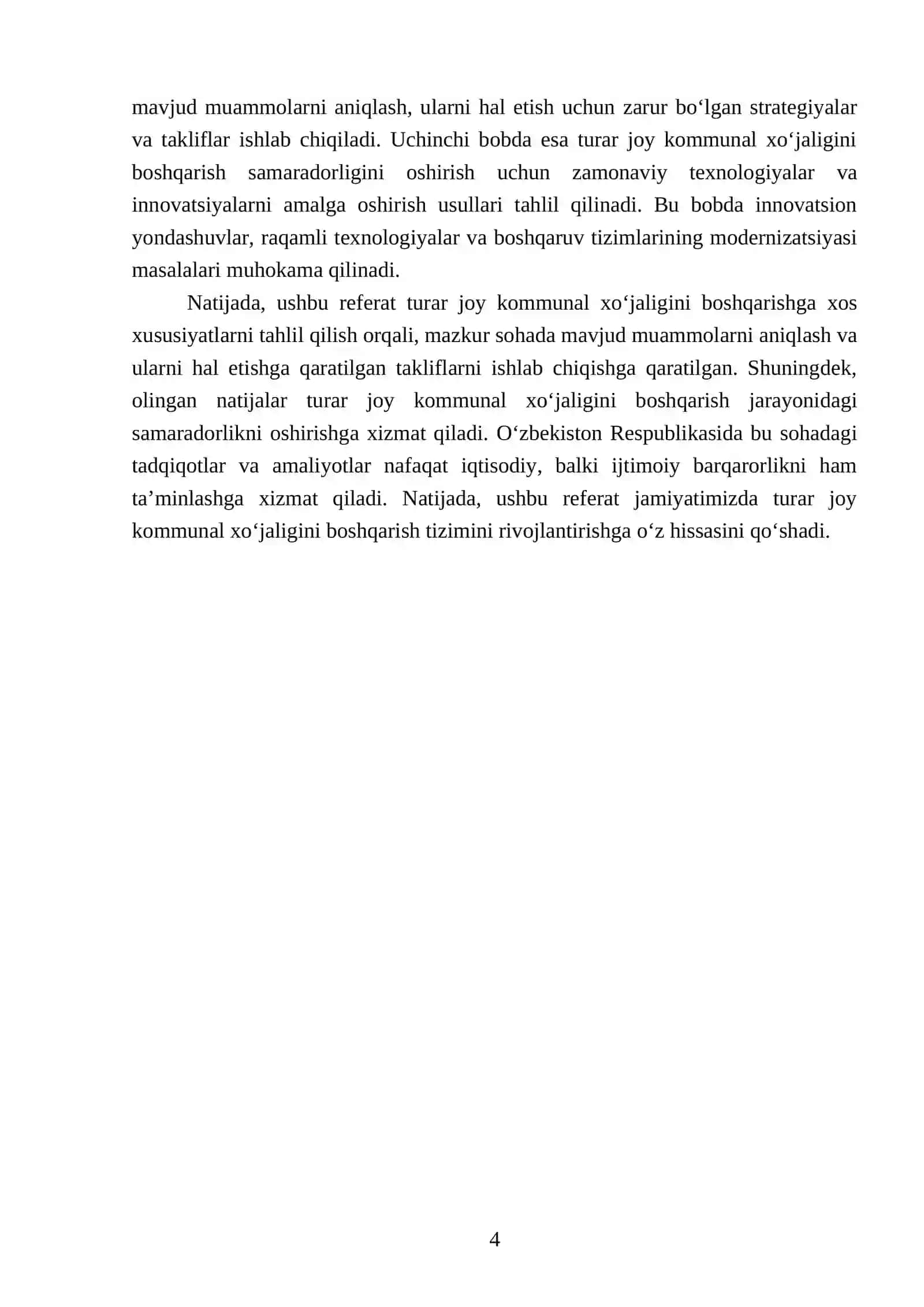 Turar uy-joy kommunal xo‘jaligini boshqarishga xos xususiyatlar. Turar joy kommunal xo‘jaligini boshqarishning samaradorligi 4