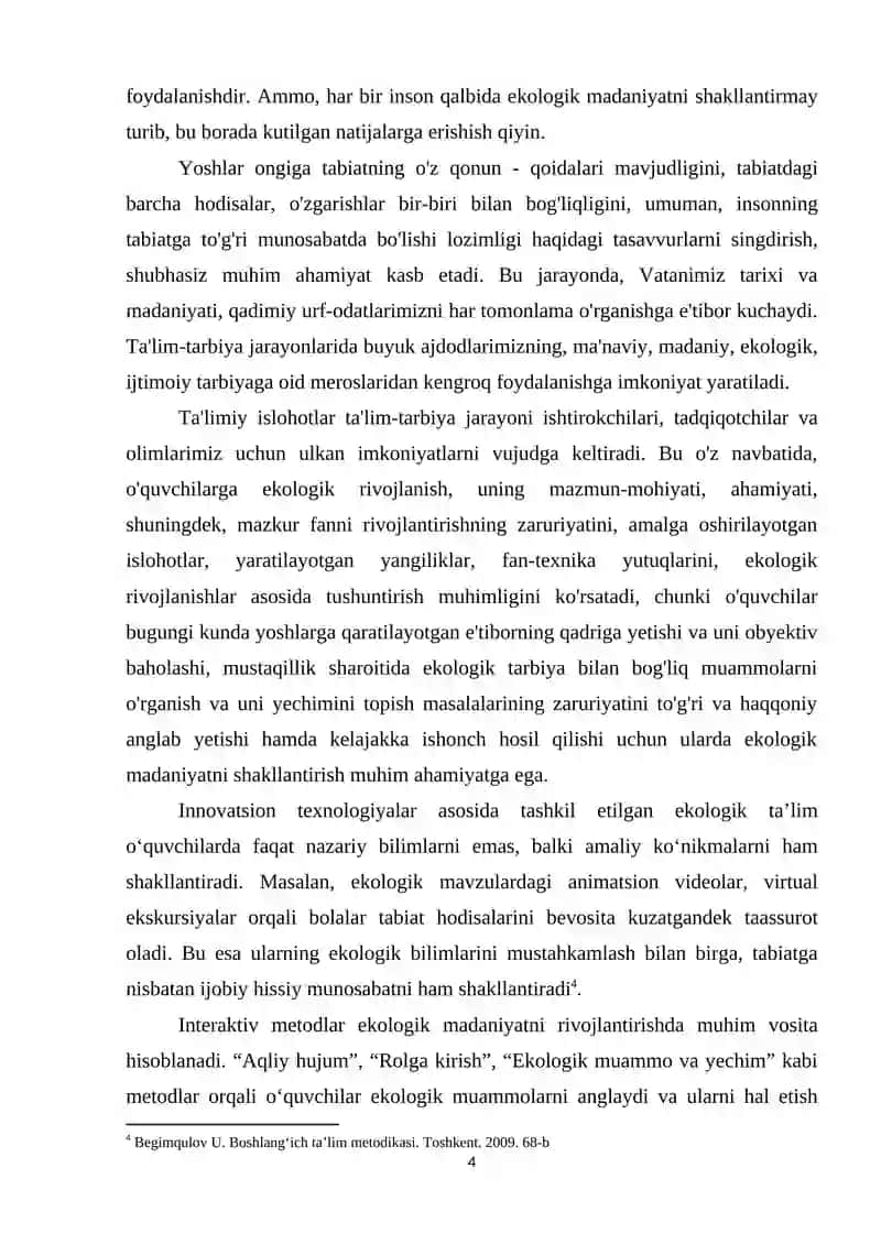 BОSHLАNG‘IСH SINF О‘QUVСHILАRIDА INNОVАTSIОN TЕXNОLОGIYАLАR ОRQАLI ЕKОLОGIK MАDАNIYАTNI SHАKLLАNTIRISH MАSАLАLАRI 4