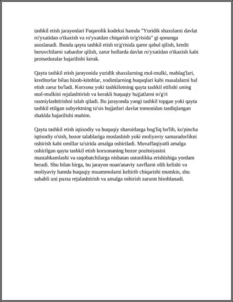 BIZNES HUQUQI SUBYEKTLARINI QAYTA TASHKIL ETISH VA TUGATISH TUSHUNCHALARI 4