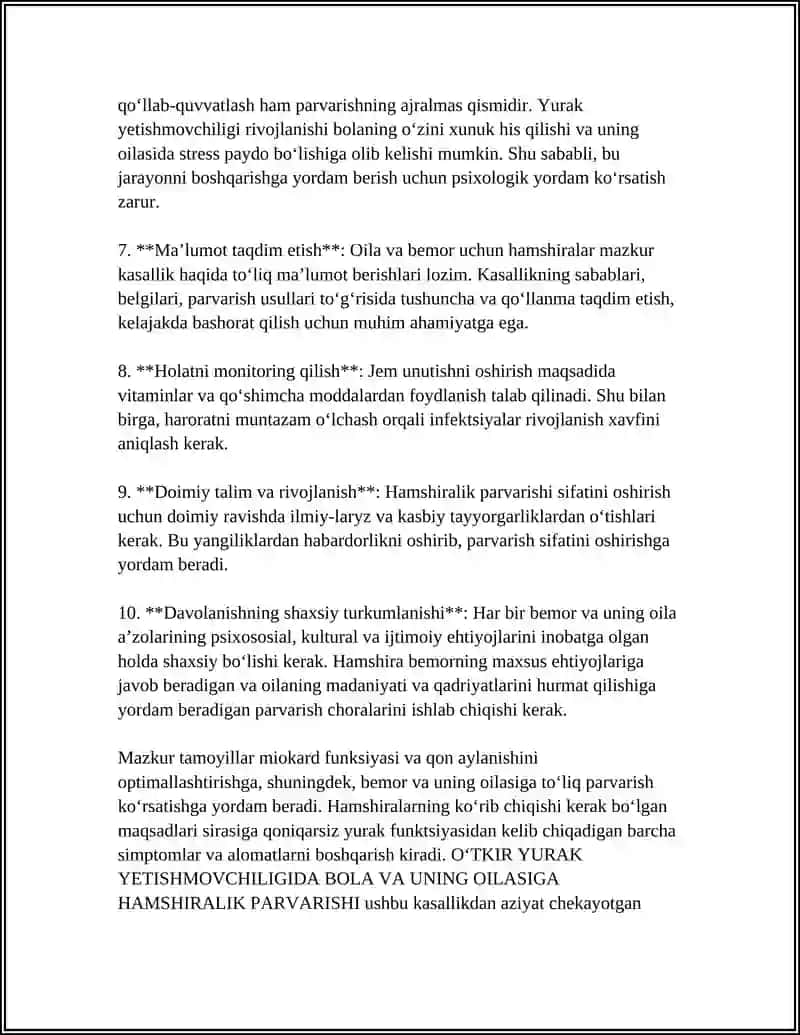 OʻTKIR YURAK YETISHMOVCHILIGIDA BOLA VA UNING OILASIGA HAMSHIRALIK PARVARISHI 4