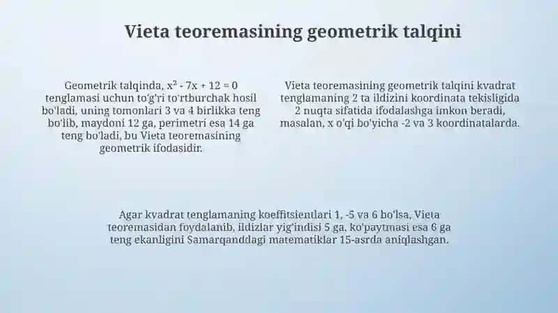 Viyet teoremasi. Kvadrat uchhadni chiziqli koʻpaytuvchiga ajratish 4