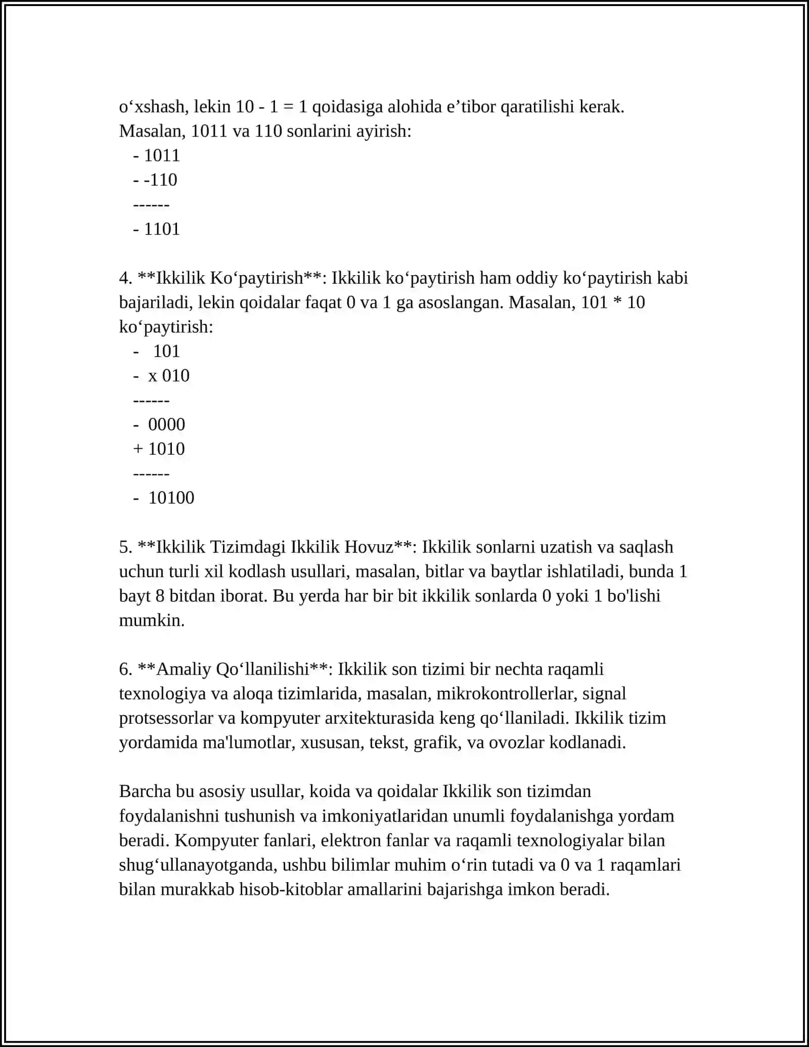 QO‘SHISH VA AYIRISHNING IKKILIK SANOQ SISTEMASI ASOSIDA AMALGA OSHIRILISHI 4
