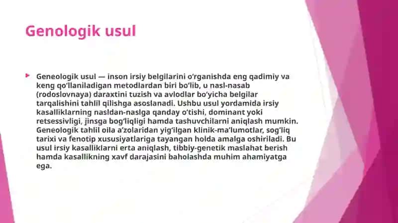 Antropogenetika. Odam irsiyatini o’rganish usullari geneologik,eguzaklar,population, sitogenetik,dermatoglifika,biokimyoviy. Prenetal diagnostika. 4
