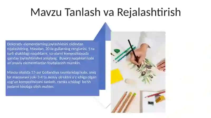 Predmetli, syujetli, dekorativ rasm chizish 4