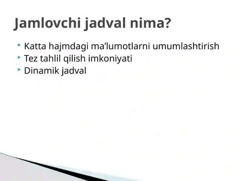 Elektron jadvallarda jamlovchi jadvallar va diagrammalar 4