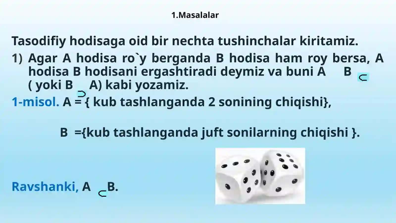Qarama –qarshi hodisalar.Hodisalar ustida amallar va ularni Eyler-Venn diagrammalarida tasvirlash 4
