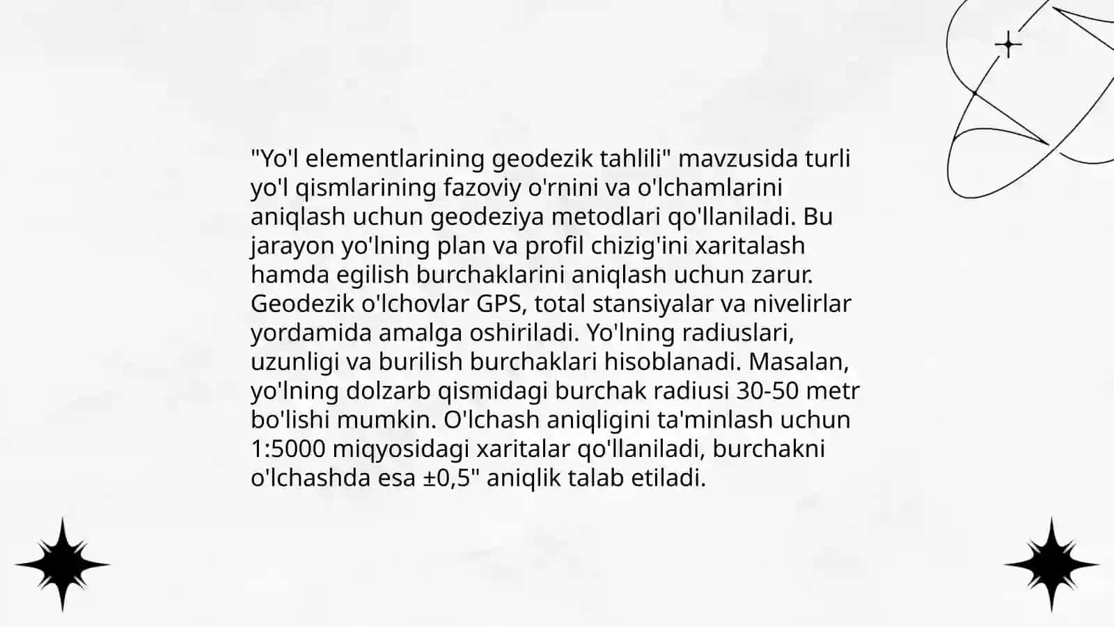 Avtomobil yòllari va yòl elementlari bòyicha geodezik nazarot va tahlil 4