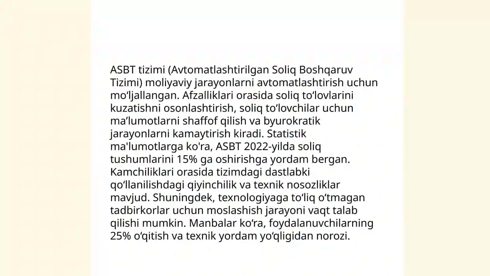 Bank faoliyatida qo'llaniladigan dasturiy ta'minotlar «ASBT», «ASKB», «IABS», «GLOBUS», «NS" sxemasini MS Word dasturida bajarib, har bir bo'limiga ta'ri bering 4