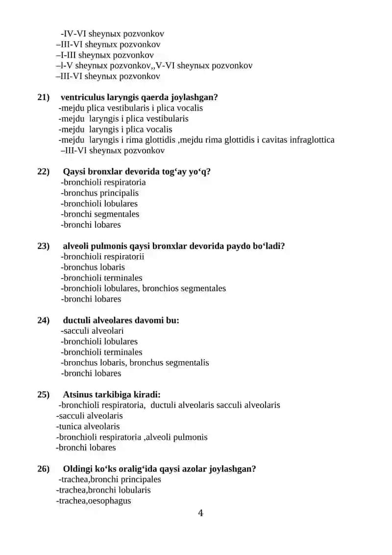 Anatomiya fanidan testlar 4