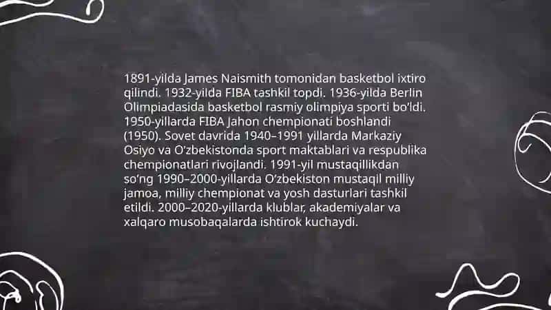 Baskektbolning rivojlanish tarixi,oʻyin texnikasi,taktikasi va qoidalari 4
