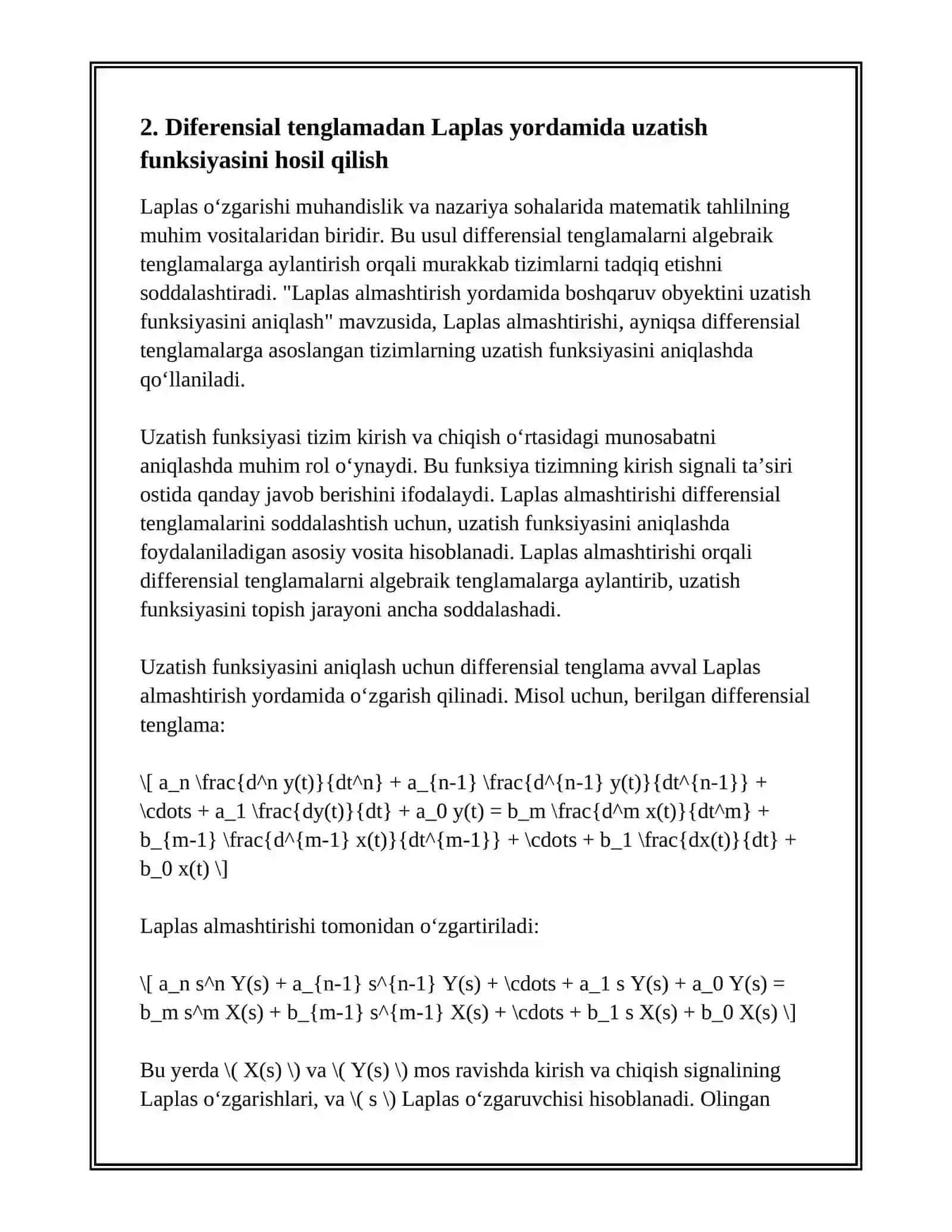 LAPLAS ALMASHTIRISH YORDAMIDA BOSHQARUV OBYEKTINI UZATISH FUNKSIYASINI ANIQLASH 4