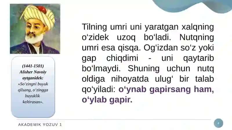 AKADEMIK NUTQ. YOZMA VA OG‘ZAKI USLUB VA UNING XUSUSIYATLARI. ME’YOR TUSHUNCHASI 4