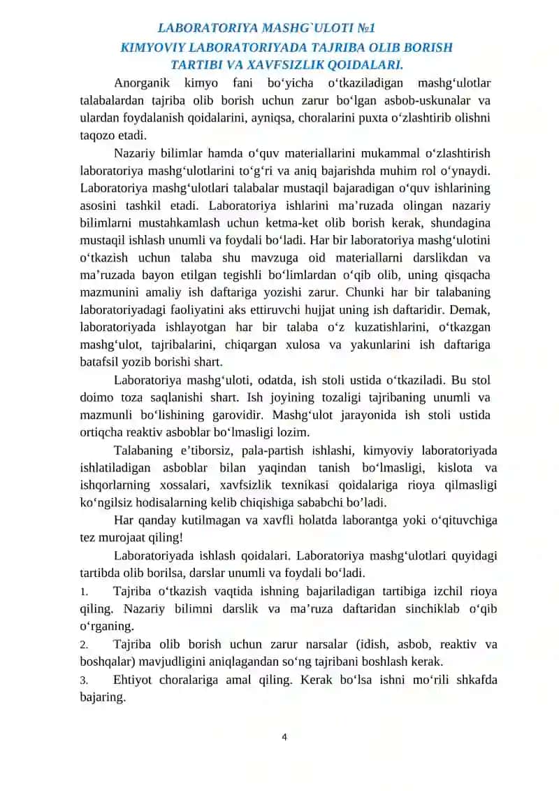 LABORATORIYA MASHG`ULOTLAR UCHUN QO`LLANMA 4