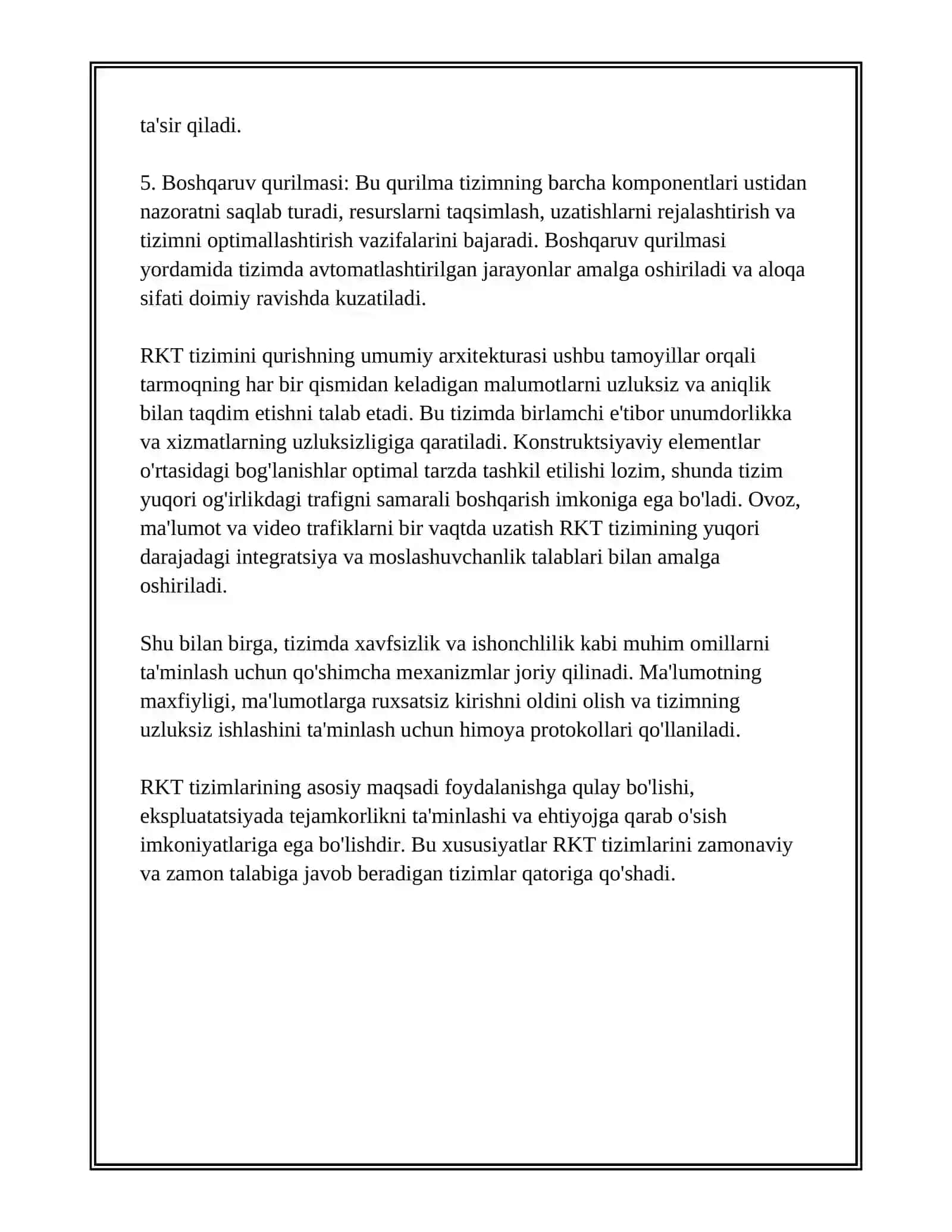 RKT –TIZIMINI QURISH UMUMIY TAMOYILLARI - ANALOG ABONENT LINIYASI MODULI, BORSCHT VAZIFALARI, ANALOG VA RAQAMLI ALOQA LINIYASI MODULLAR, KOMMUTATSIYA MAYDONI, BOSHQARUV QURILMASI 4