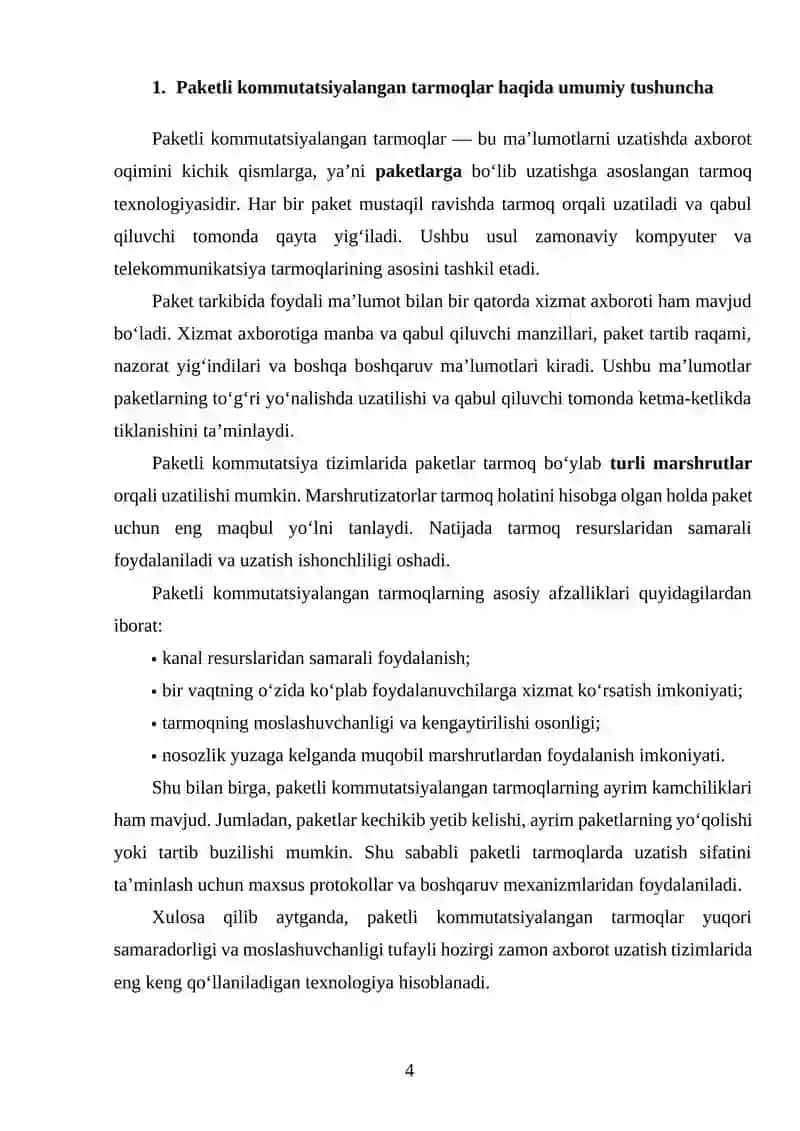 Paketli kommutatsiyalangan tarmoqlarda kechikish, yo‘qotish va o‘tkazuvchanlik ko‘rsatkichlarini tahlil qilish 4