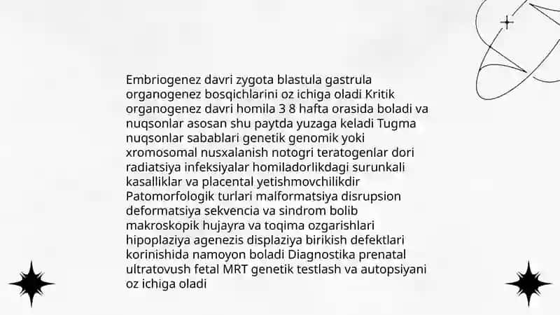 Prenatal patologiya. Muxim axamiyatga ega tug’ma nugsonli rivojlanishlar, patomorfologiyasi 4