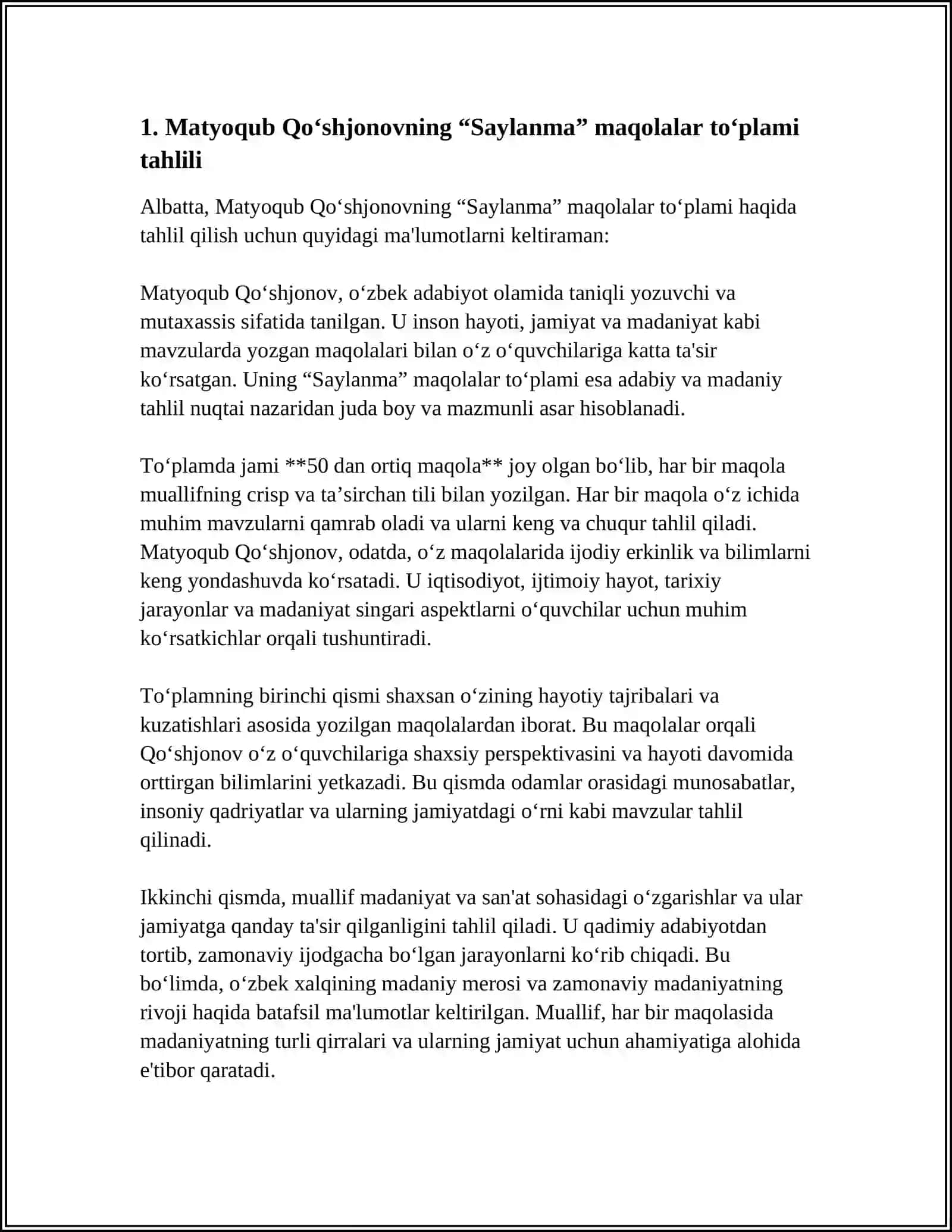 MATYOQUB QO‘SHJONOVNING “SAYLANMA” MAQOLALAR TO‘PLAMINI O‘QIB O‘ZLASHTIRISH, ADABIYOTDA ESTETIK KATEGORIYALAR” BOBINI KONSPEKTLASHTIRISH 4