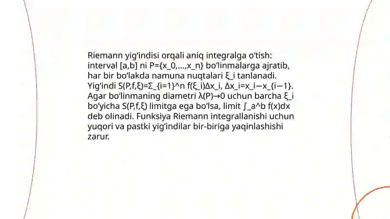 Aniq integral. Aniq integral hossalari va geometrik tabiqlari. Nuyuton- Leybnits formilasi 4