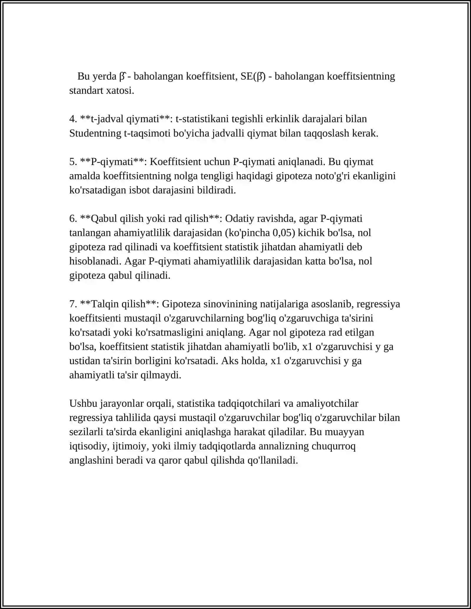 REGRESSIYA KOEFFISENTLARINUNG AHAMIYATLILIGINI TEKSHIRISH 4