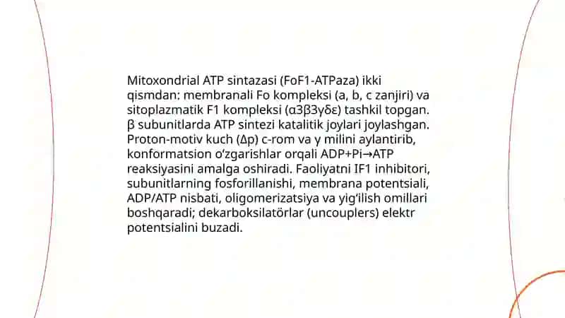 Biokimyo fanidan:ATF sintezi va parchalanishining boshqarilishi 4