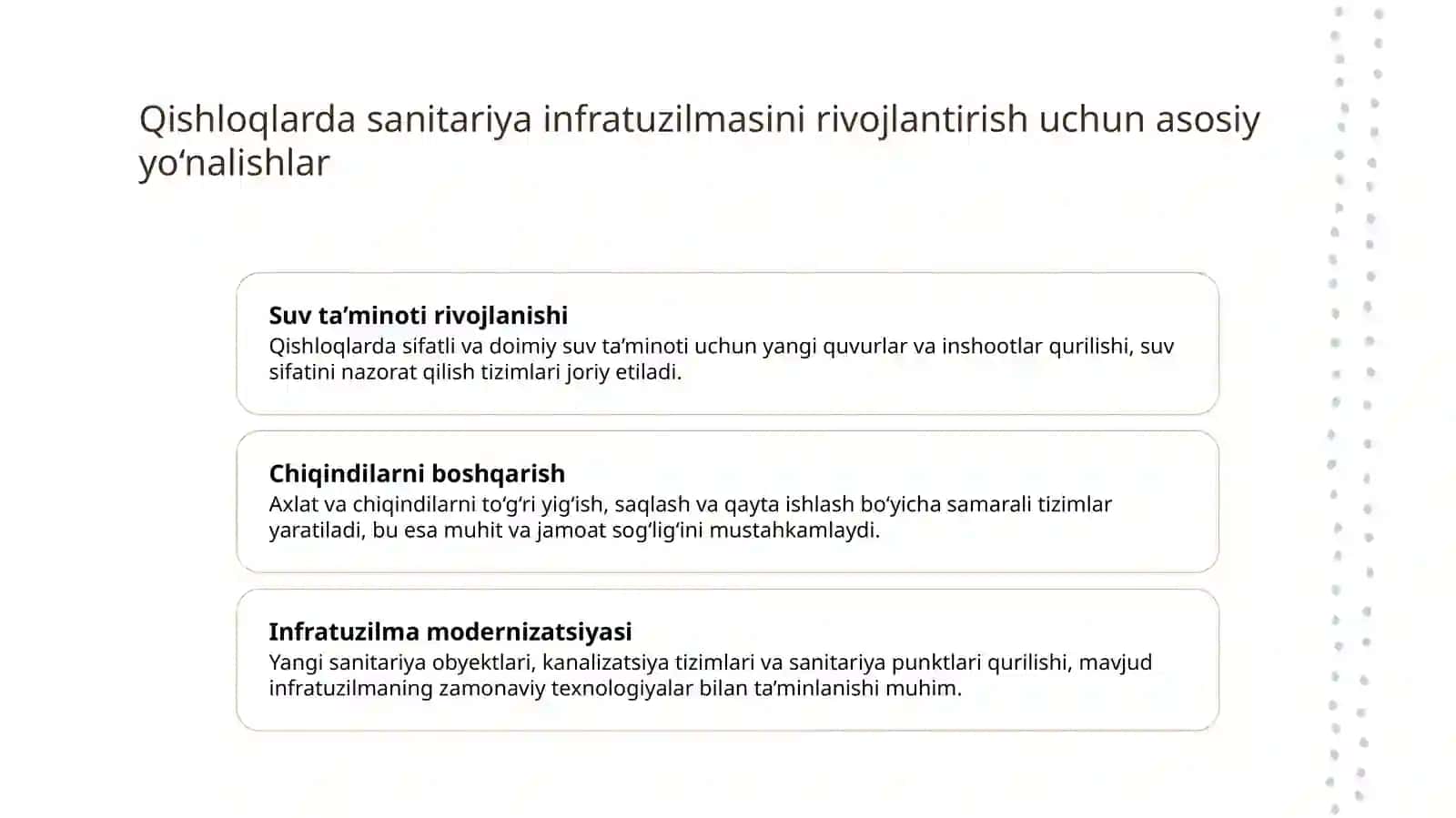 Shahar va qishloq aholisi punktlarining sanitariya holatini yaxshilash 4