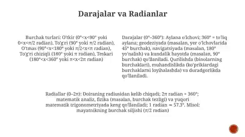 Burchak o'lchovlari turlari va ularning qoʼllanilish sohalari 4