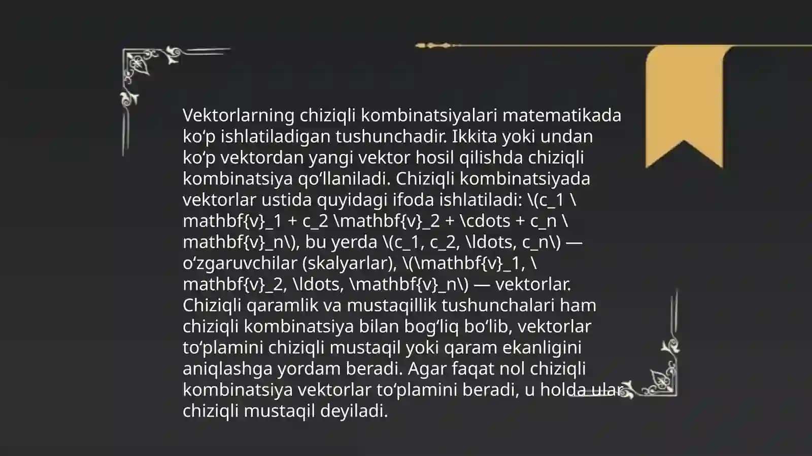 Chiziqli bog'liqlik. Vektor fazoning bazesi 4