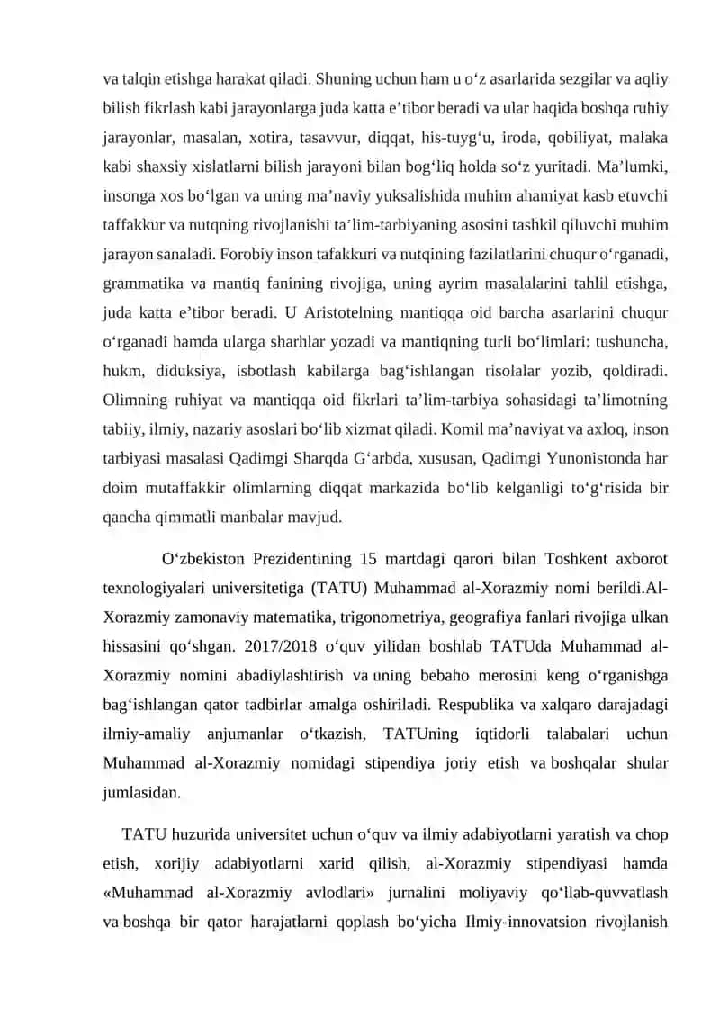 Sharq uygʻonish davrida pedagogik fikr taraqqiyoti (Al-Xorazmiy, al-Farobiy,Abu Rayhon Beruniy, Abu Ali ibn Sinoning tarbiyaga oid qarashlari 4