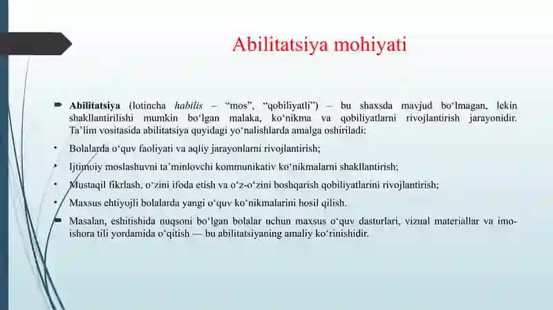 TA'LIM VOSITASIDA ABILITATSIYA VA REABILITASIYANING MOHIYATI VA MA'NOSI. 4