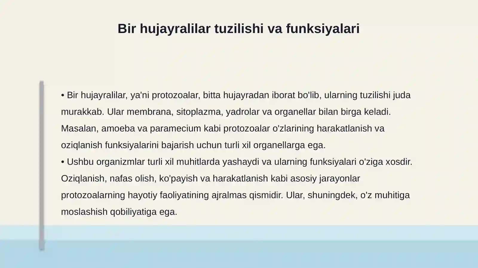 Protozoologiya. Bir hujayralilar tuzilishi va funksiyalari. Bir hujayralilar sistematikasi 4