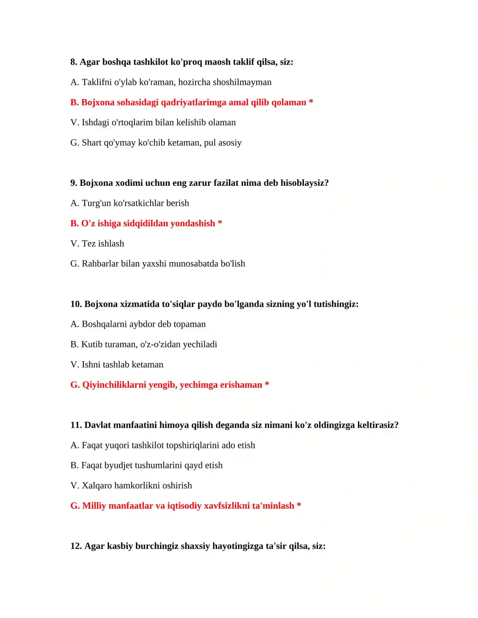 Bojxona ishga kirish suhbat testlari 4