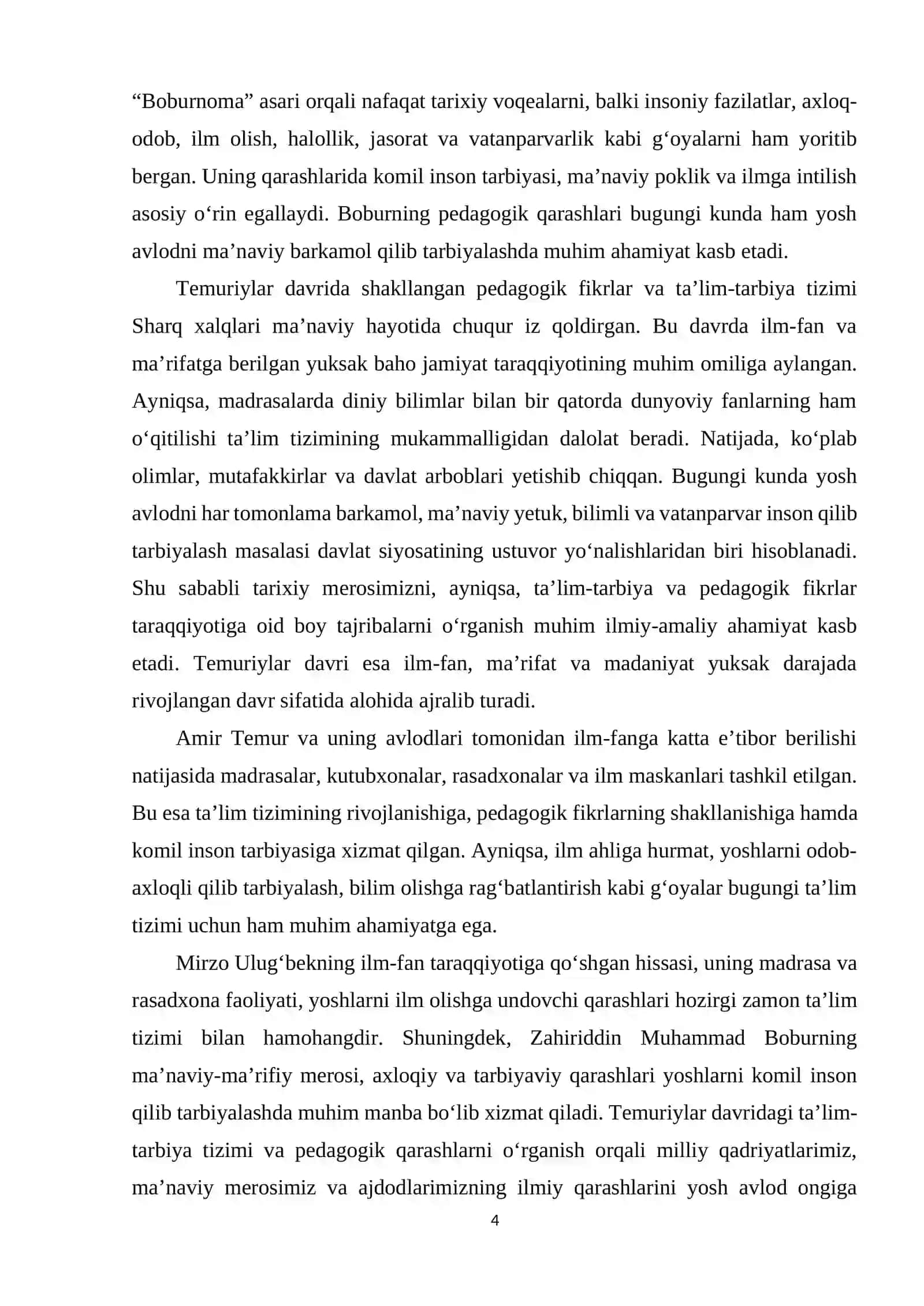 Temuriylar davrida taʼlim-tarbiya va pedagogik fikrlar taraqqiyoti.(Amir Temur, Ulugʻbek, Zahiriddin Muhammad Bobur) 4