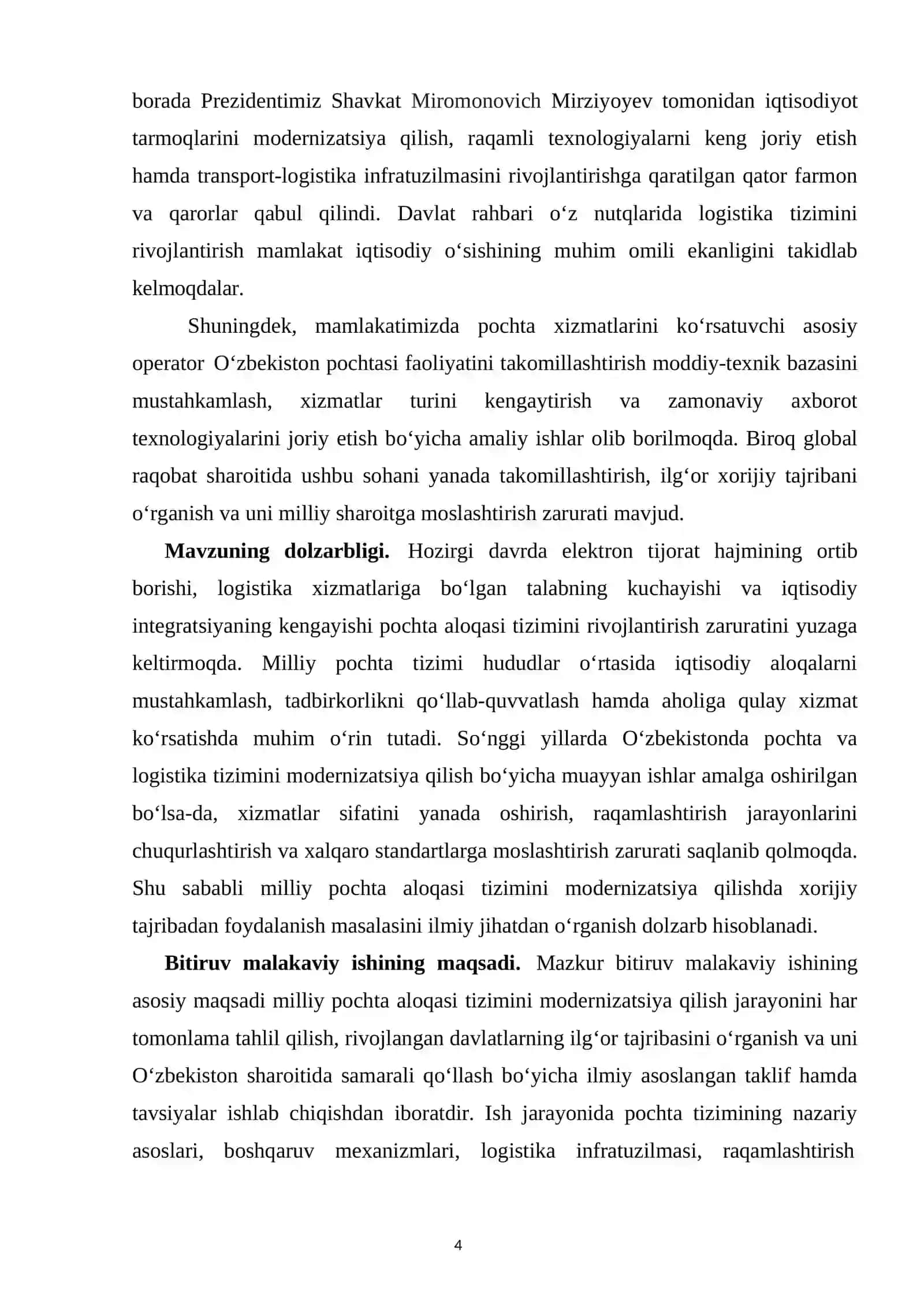 MILLIY POCHTA ALOQASI TIZIMINI MODERNIZATSIYA QILISHDA XORIJIY TAJRIBADAN FOYDALANISH VA AMALGA OSHIRISH USULLARINI TAHLIL QILISH | Bitiruv Malakaviy Ish BMI 4