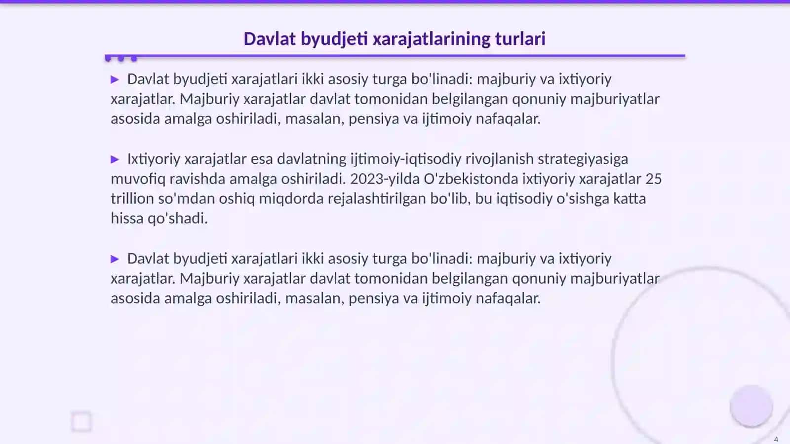 Davlat byudjeti xarajatlari va ularning ijtimoiy iqtisodiy ahamiyati 4