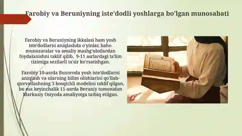 Abu Nasr Forobiy va Abu Rayhon Beruniyning pedagogik fikrlari 4