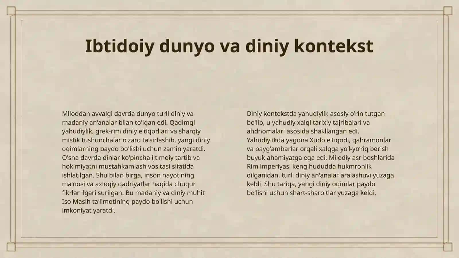 XRISTIANLIKNING PAYDO BOLISHI AQIDALARI ASOSIY YONALISHLARI TALIMOTLARI VA MANBALARI XRISTIANLIK DINING ORTA OSIYOGA KIRIB KELISHI TARQALISHI 4